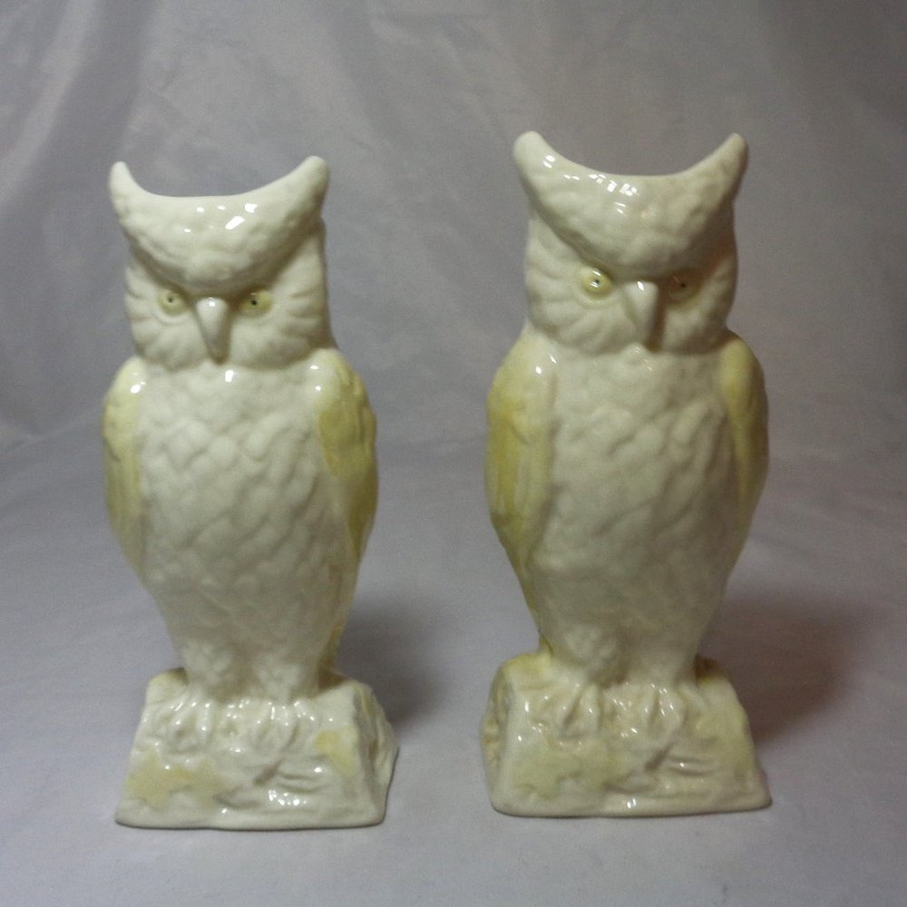 Belleek Owl Vases Matched Pair 8¼" 6th Mark Halloween Decor